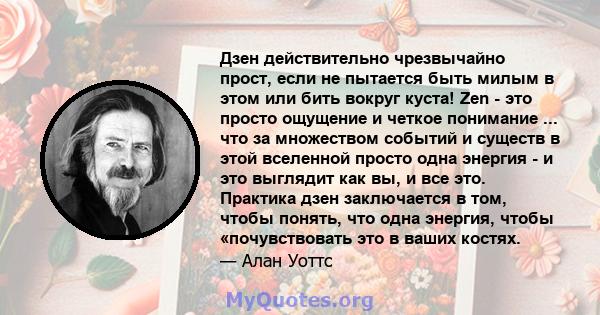 Дзен действительно чрезвычайно прост, если не пытается быть милым в этом или бить вокруг куста! Zen - это просто ощущение и четкое понимание ... что за множеством событий и существ в этой вселенной просто одна энергия - 