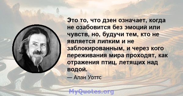 Это то, что дзен означает, когда не озабовится без эмоций или чувств, но, будучи тем, кто не является липким и не заблокированным, и через кого переживания мира проходят, как отражения птиц, летящих над водой.