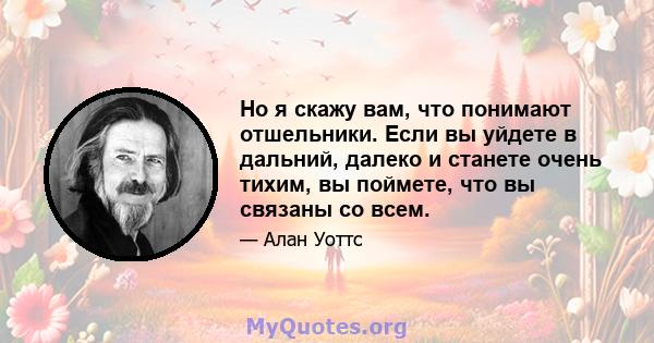 Но я скажу вам, что понимают отшельники. Если вы уйдете в дальний, далеко и станете очень тихим, вы поймете, что вы связаны со всем.