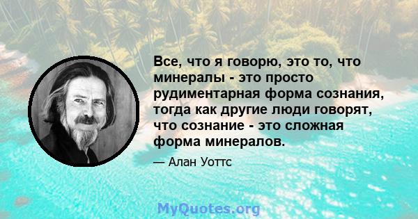 Все, что я говорю, это то, что минералы - это просто рудиментарная форма сознания, тогда как другие люди говорят, что сознание - это сложная форма минералов.