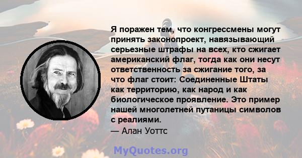 Я поражен тем, что конгрессмены могут принять законопроект, навязывающий серьезные штрафы на всех, кто сжигает американский флаг, тогда как они несут ответственность за сжигание того, за что флаг стоит: Соединенные