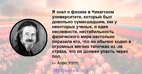 Я знал о физике в Чикагском университете, который был довольно сумасшедшим, как у некоторых ученых, и идея несливости, нестабильность физического мира настолько поразила его, что он обычно ходил в огромных мягких