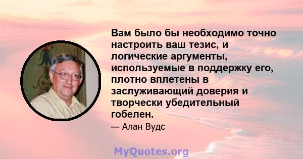 Вам было бы необходимо точно настроить ваш тезис, и логические аргументы, используемые в поддержку его, плотно вплетены в заслуживающий доверия и творчески убедительный гобелен.