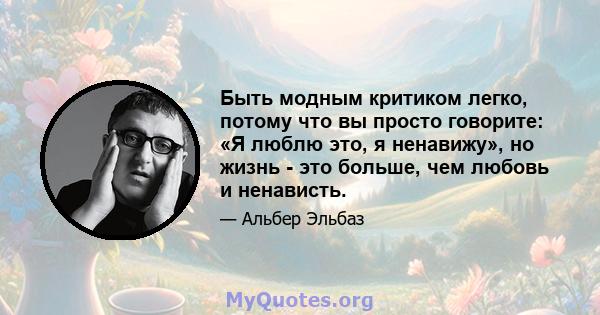 Быть модным критиком легко, потому что вы просто говорите: «Я люблю это, я ненавижу», но жизнь - это больше, чем любовь и ненависть.