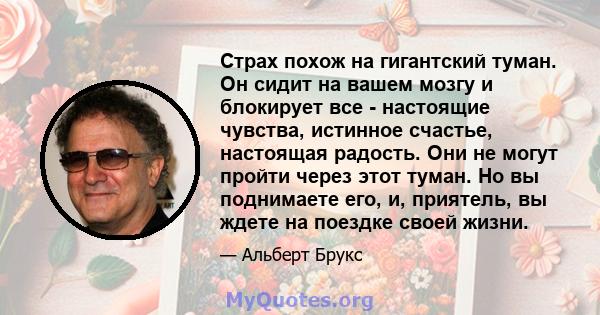 Страх похож на гигантский туман. Он сидит на вашем мозгу и блокирует все - настоящие чувства, истинное счастье, настоящая радость. Они не могут пройти через этот туман. Но вы поднимаете его, и, приятель, вы ждете на