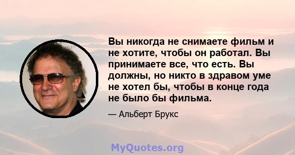 Вы никогда не снимаете фильм и не хотите, чтобы он работал. Вы принимаете все, что есть. Вы должны, но никто в здравом уме не хотел бы, чтобы в конце года не было бы фильма.