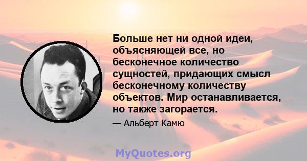 Больше нет ни одной идеи, объясняющей все, но бесконечное количество сущностей, придающих смысл бесконечному количеству объектов. Мир останавливается, но также загорается.