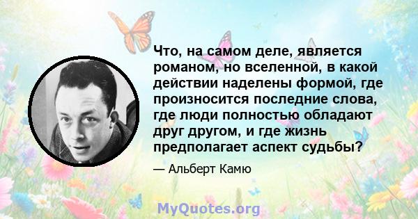 Что, на самом деле, является романом, но вселенной, в какой действии наделены формой, где произносится последние слова, где люди полностью обладают друг другом, и где жизнь предполагает аспект судьбы?