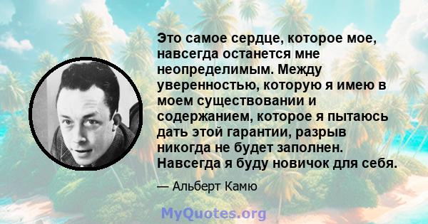 Это самое сердце, которое мое, навсегда останется мне неопределимым. Между уверенностью, которую я имею в моем существовании и содержанием, которое я пытаюсь дать этой гарантии, разрыв никогда не будет заполнен.