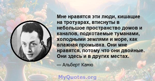 Мне нравятся эти люди, кишащие на тротуарах, втиснуты в небольшое пространство домов и каналов, подкотаемые туманами, холодными землями и море, как влажная промывка. Они мне нравятся, потому что они двойные. Они здесь и 