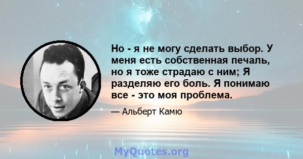 Но - я не могу сделать выбор. У меня есть собственная печаль, но я тоже страдаю с ним; Я разделяю его боль. Я понимаю все - это моя проблема.