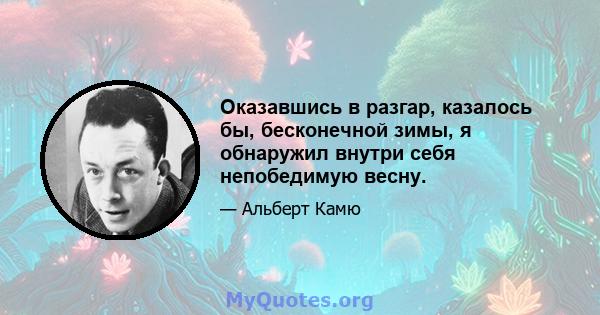 Оказавшись в разгар, казалось бы, бесконечной зимы, я обнаружил внутри себя непобедимую весну.