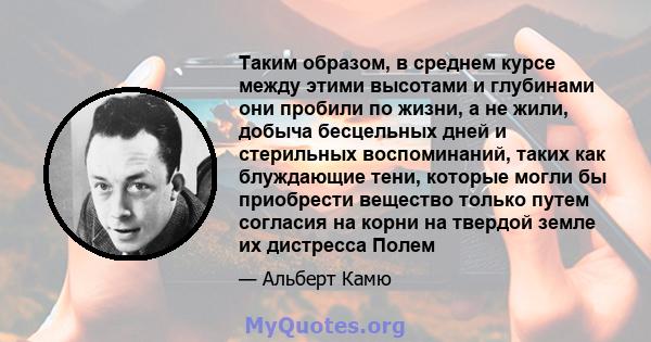 Таким образом, в среднем курсе между этими высотами и глубинами они пробили по жизни, а не жили, добыча бесцельных дней и стерильных воспоминаний, таких как блуждающие тени, которые могли бы приобрести вещество только