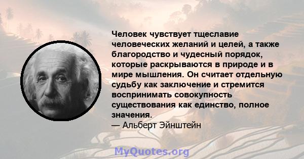 Человек чувствует тщеславие человеческих желаний и целей, а также благородство и чудесный порядок, которые раскрываются в природе и в мире мышления. Он считает отдельную судьбу как заключение и стремится воспринимать