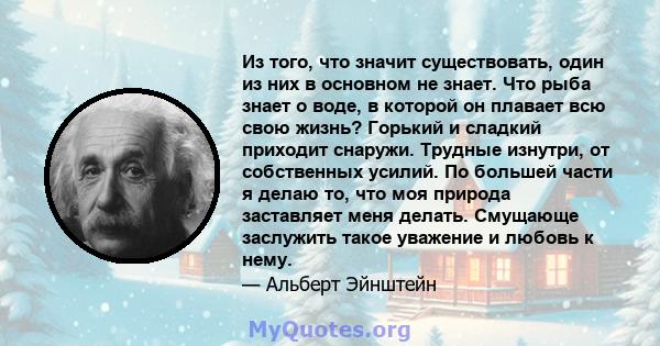 Из того, что значит существовать, один из них в основном не знает. Что рыба знает о воде, в которой он плавает всю свою жизнь? Горький и сладкий приходит снаружи. Трудные изнутри, от собственных усилий. По большей части 