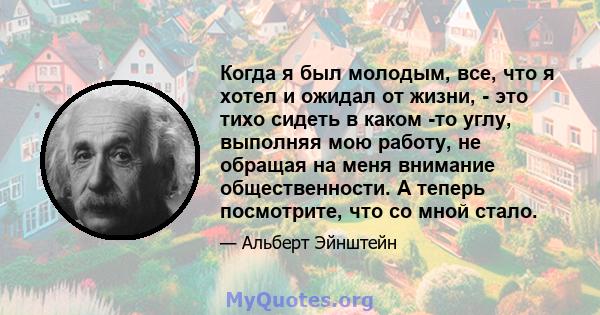 Когда я был молодым, все, что я хотел и ожидал от жизни, - это тихо сидеть в каком -то углу, выполняя мою работу, не обращая на меня внимание общественности. А теперь посмотрите, что со мной стало.