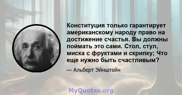 Конституция только гарантирует американскому народу право на достижение счастья. Вы должны поймать это сами. Стол, стул, миска с фруктами и скрипку; Что еще нужно быть счастливым?