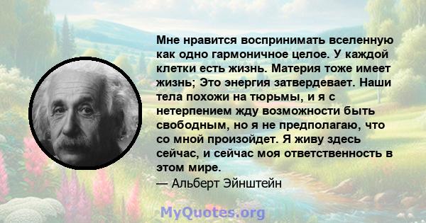 Мне нравится воспринимать вселенную как одно гармоничное целое. У каждой клетки есть жизнь. Материя тоже имеет жизнь; Это энергия затвердевает. Наши тела похожи на тюрьмы, и я с нетерпением жду возможности быть