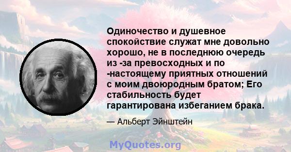 Одиночество и душевное спокойствие служат мне довольно хорошо, не в последнюю очередь из -за превосходных и по -настоящему приятных отношений с моим двоюродным братом; Его стабильность будет гарантирована избеганием