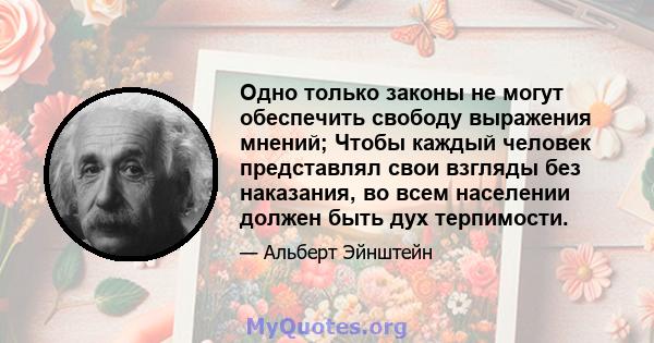 Одно только законы не могут обеспечить свободу выражения мнений; Чтобы каждый человек представлял свои взгляды без наказания, во всем населении должен быть дух терпимости.