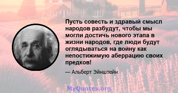 Пусть совесть и здравый смысл народов разбудут, чтобы мы могли достичь нового этапа в жизни народов, где люди будут оглядываться на войну как непостижимую аберрацию своих предков!