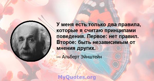 У меня есть только два правила, которые я считаю принципами поведения. Первое: нет правил. Второе: быть независимым от мнения других.