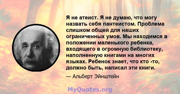 Я не атеист. Я не думаю, что могу назвать себя пантеистом. Проблема слишком общей для наших ограниченных умов. Мы находимся в положении маленького ребенка, входящего в огромную библиотеку, наполненную книгами на многих