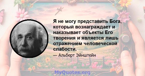 Я не могу представить Бога, который вознаграждает и наказывает объекты Его творения и является лишь отражением человеческой слабости.