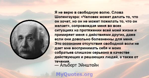 Я не верю в свободную волю. Слова Шопенгауэра: «Человек может делать то, что он хочет, но он не может пожелать то, что он желает», сопровождая меня во всех ситуациях на протяжении всей моей жизни и примиряет меня с