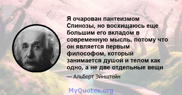 Я очарован пантеизмом Спинозы, но восхищаюсь еще большим его вкладом в современную мысль, потому что он является первым философом, который занимается душой и телом как одно, а не две отдельные вещи