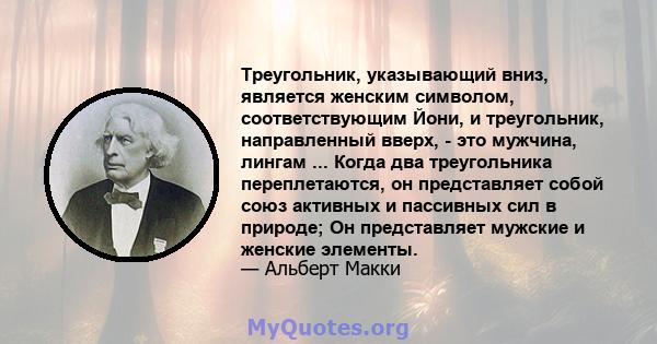 Треугольник, указывающий вниз, является женским символом, соответствующим Йони, и треугольник, направленный вверх, - это мужчина, лингам ... Когда два треугольника переплетаются, он представляет собой союз активных и