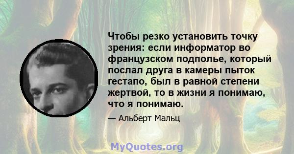 Чтобы резко установить точку зрения: если информатор во французском подполье, который послал друга в камеры пыток гестапо, был в равной степени жертвой, то в жизни я понимаю, что я понимаю.