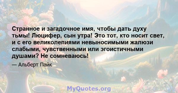 Странное и загадочное имя, чтобы дать духу тьмы! Люцифер, сын утра! Это тот, кто носит свет, и с его великолепиями невыносимыми жалюзи слабыми, чувственными или эгоистичными душами? Не сомневаюсь!