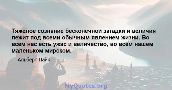 Тяжелое сознание бесконечной загадки и величия лежит под всеми обычным явлением жизни. Во всем нас есть ужас и величество, во всем нашем маленьком мирском.