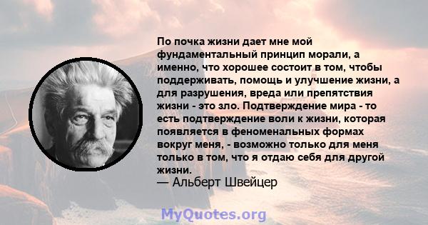 По почка жизни дает мне мой фундаментальный принцип морали, а именно, что хорошее состоит в том, чтобы поддерживать, помощь и улучшение жизни, а для разрушения, вреда или препятствия жизни - это зло. Подтверждение мира