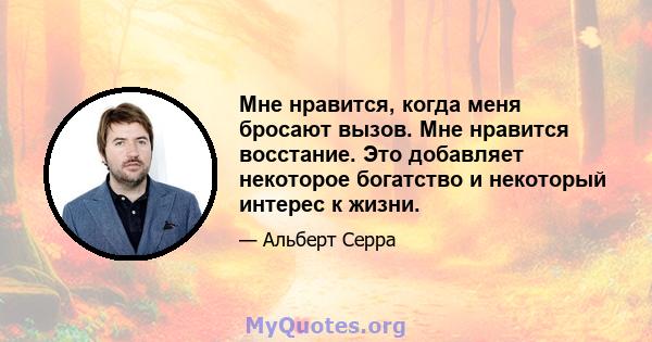 Мне нравится, когда меня бросают вызов. Мне нравится восстание. Это добавляет некоторое богатство и некоторый интерес к жизни.