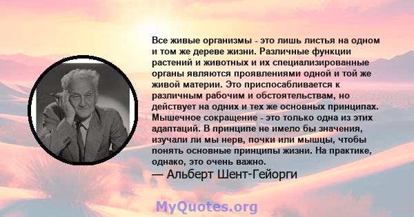 Все живые организмы - это лишь листья на одном и том же дереве жизни. Различные функции растений и животных и их специализированные органы являются проявлениями одной и той же живой материи. Это приспосабливается к