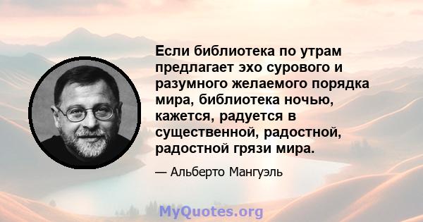 Если библиотека по утрам предлагает эхо сурового и разумного желаемого порядка мира, библиотека ночью, кажется, радуется в существенной, радостной, радостной грязи мира.