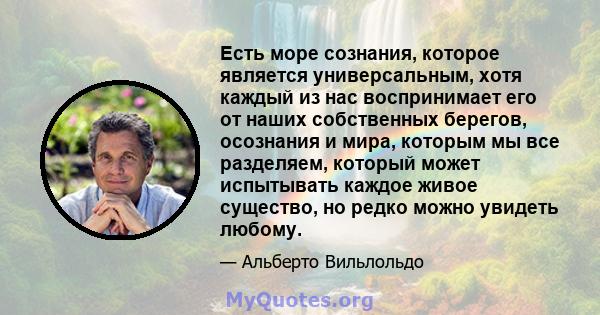 Есть море сознания, которое является универсальным, хотя каждый из нас воспринимает его от наших собственных берегов, осознания и мира, которым мы все разделяем, который может испытывать каждое живое существо, но редко