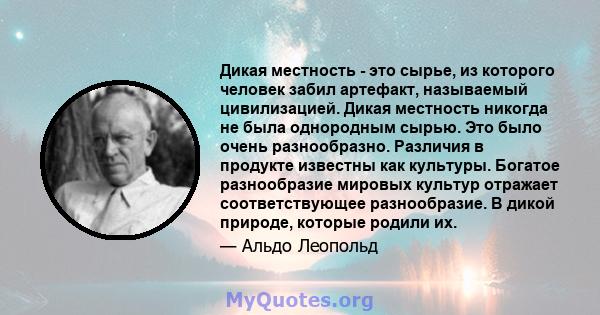 Дикая местность - это сырье, из которого человек забил артефакт, называемый цивилизацией. Дикая местность никогда не была однородным сырью. Это было очень разнообразно. Различия в продукте известны как культуры. Богатое 