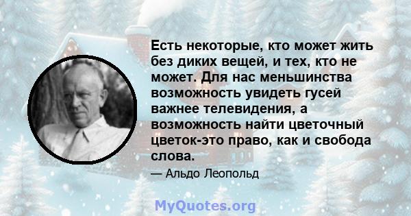 Есть некоторые, кто может жить без диких вещей, и тех, кто не может. Для нас меньшинства возможность увидеть гусей важнее телевидения, а возможность найти цветочный цветок-это право, как и свобода слова.