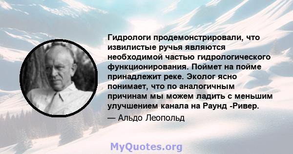 Гидрологи продемонстрировали, что извилистые ручья являются необходимой частью гидрологического функционирования. Поймет на пойме принадлежит реке. Эколог ясно понимает, что по аналогичным причинам мы можем ладить с