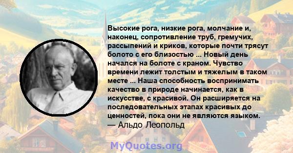 Высокие рога, низкие рога, молчание и, наконец, сопротивление труб, гремучих, рассыпений и криков, которые почти трясут болото с его близостью ... Новый день начался на болоте с краном. Чувство времени лежит толстым и