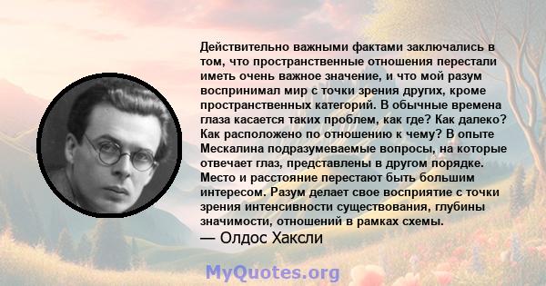 Действительно важными фактами заключались в том, что пространственные отношения перестали иметь очень важное значение, и что мой разум воспринимал мир с точки зрения других, кроме пространственных категорий. В обычные