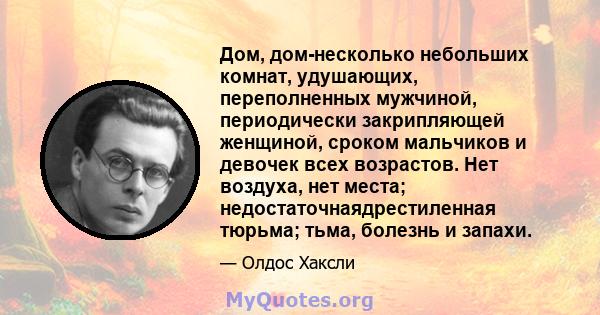 Дом, дом-несколько небольших комнат, удушающих, переполненных мужчиной, периодически закрипляющей женщиной, сроком мальчиков и девочек всех возрастов. Нет воздуха, нет места; недостаточнаядрестиленная тюрьма; тьма,