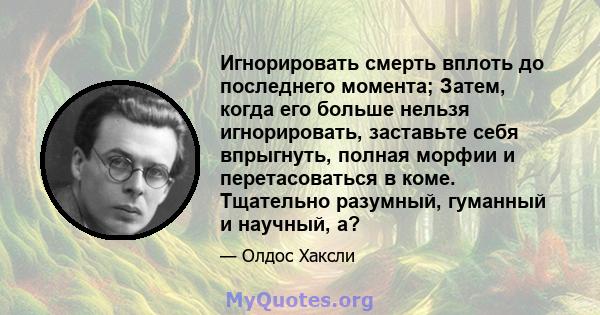 Игнорировать смерть вплоть до последнего момента; Затем, когда его больше нельзя игнорировать, заставьте себя впрыгнуть, полная морфии и перетасоваться в коме. Тщательно разумный, гуманный и научный, а?