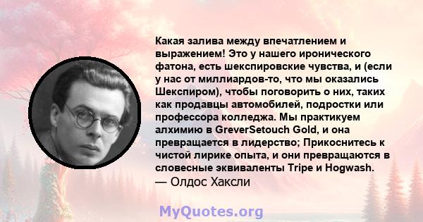 Какая залива между впечатлением и выражением! Это у нашего иронического фатона, есть шекспировские чувства, и (если у нас от миллиардов-то, что мы оказались Шекспиром), чтобы поговорить о них, таких как продавцы