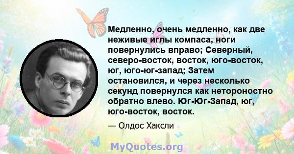 Медленно, очень медленно, как две неживые иглы компаса, ноги повернулись вправо; Северный, северо-восток, восток, юго-восток, юг, юго-юг-запад; Затем остановился, и через несколько секунд повернулся как нетороностно