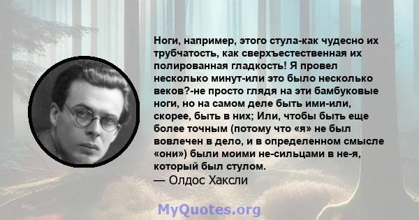 Ноги, например, этого стула-как чудесно их трубчатость, как сверхъестественная их полированная гладкость! Я провел несколько минут-или это было несколько веков?-не просто глядя на эти бамбуковые ноги, но на самом деле