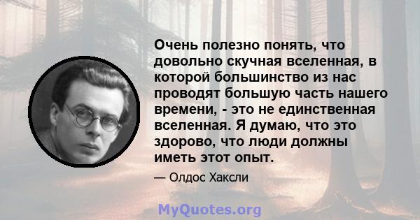 Очень полезно понять, что довольно скучная вселенная, в которой большинство из нас проводят большую часть нашего времени, - это не единственная вселенная. Я думаю, что это здорово, что люди должны иметь этот опыт.